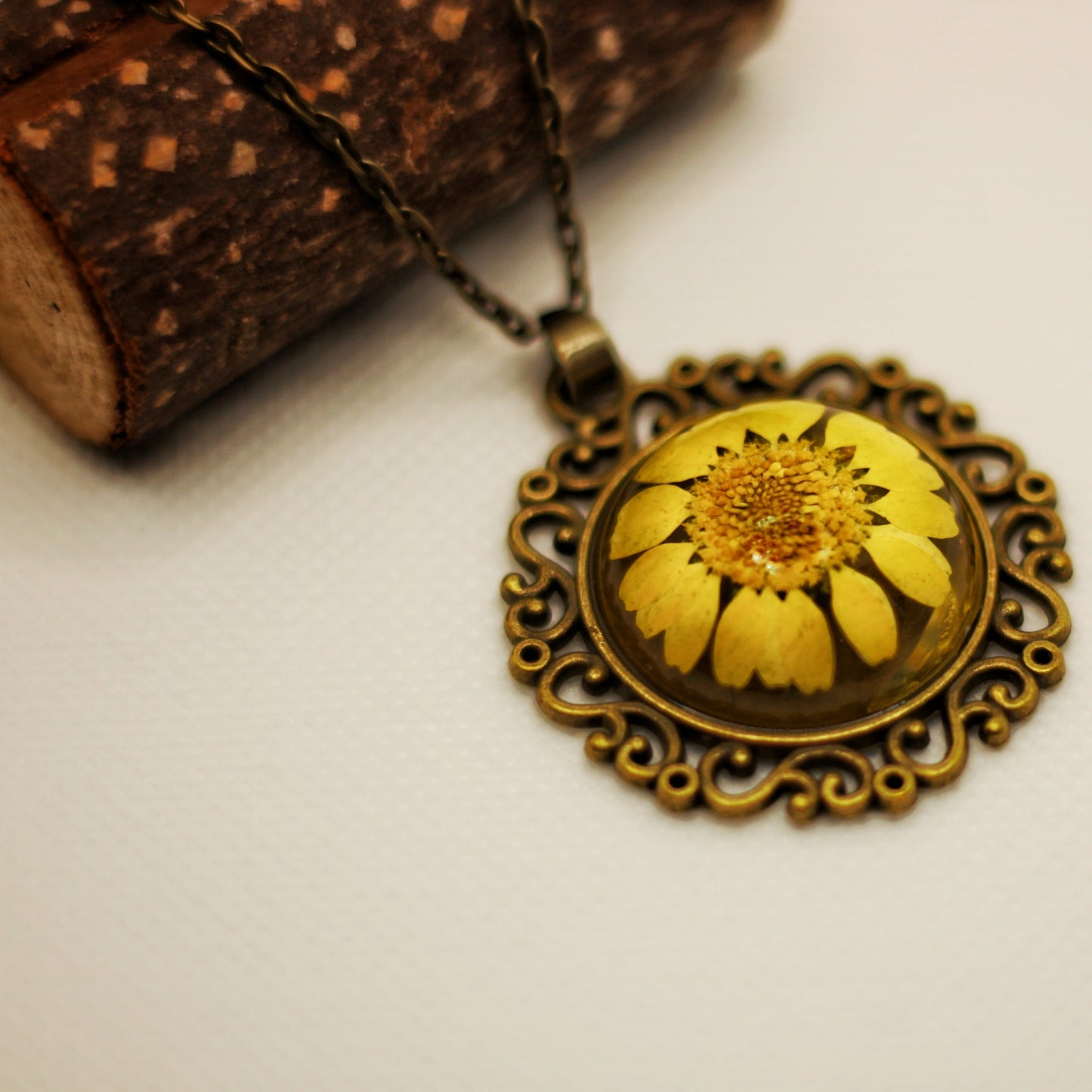 Antique Yellow Daisy Dome Necklace