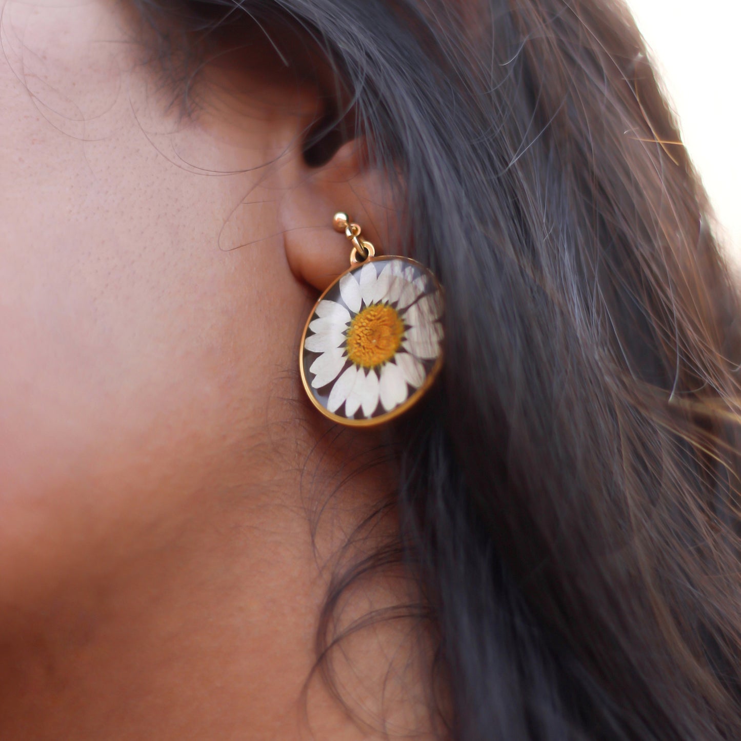 White Daisy Golden Earrings