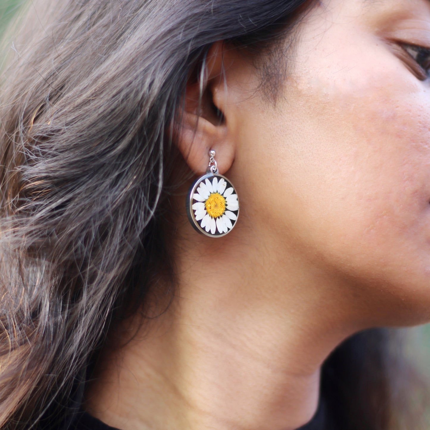 Black Daisy Silver Earrings